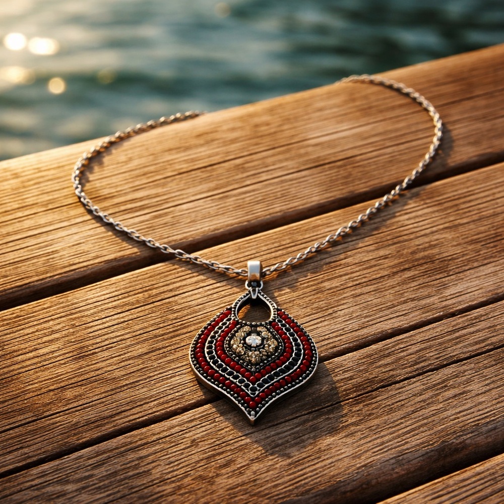 Native Style beaded & Crystal Pendant on SS Chain Necklace